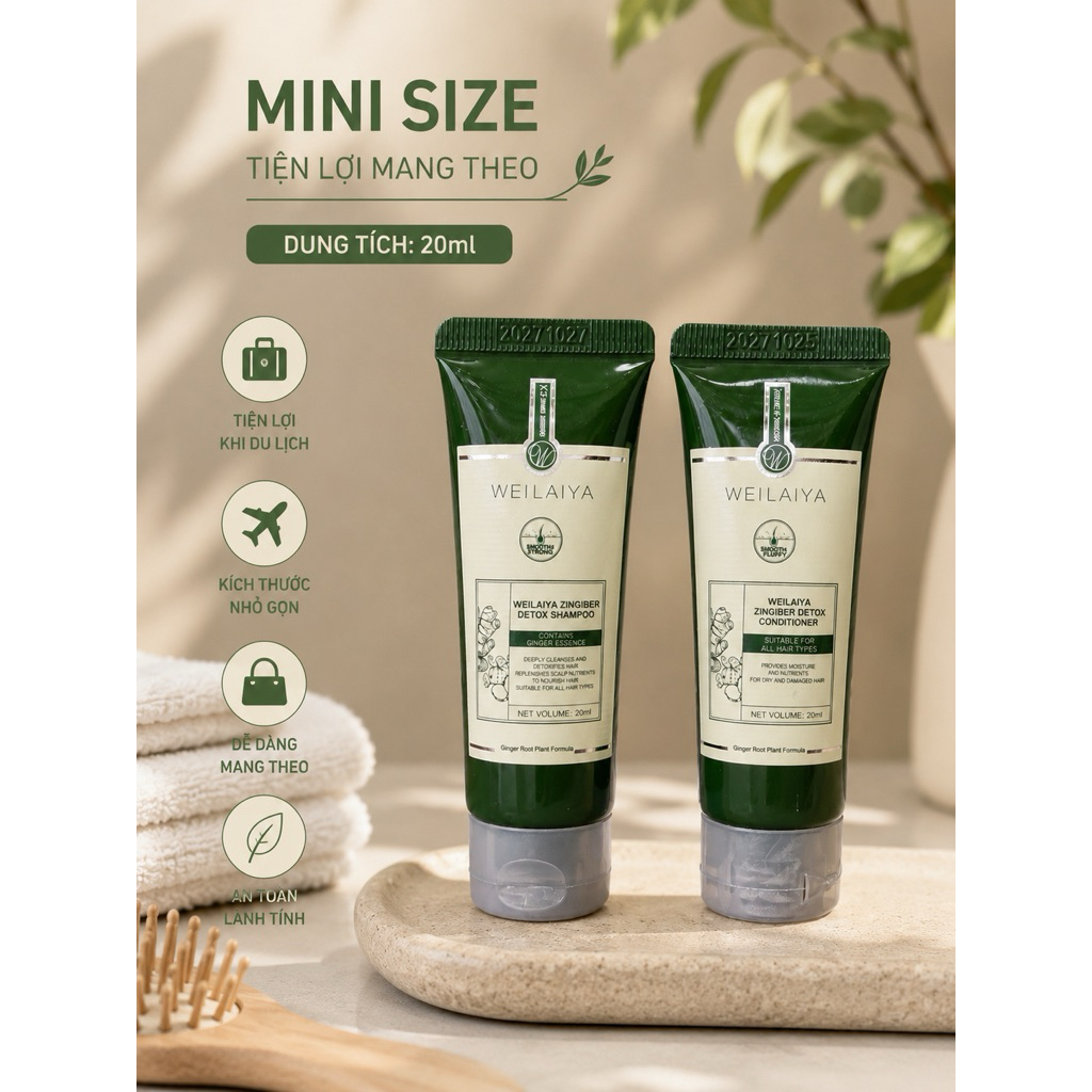 Set Mini Gội Xả Gừng Thảo Mộc Weilaiya Zingiber 20ml x2 - Bộ Gội Xả Du Lịch Ngừa Rụng Tóc,Chính Hãng