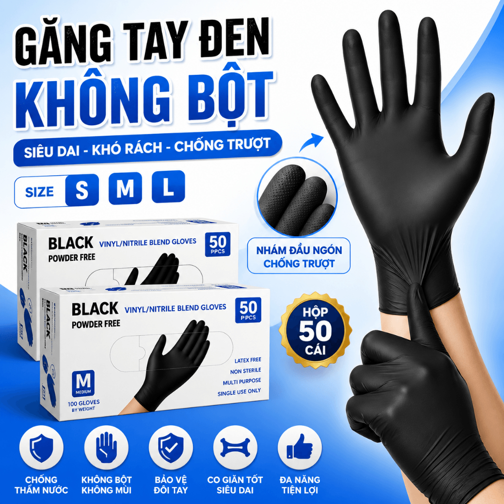 Găng Tay Đen Cao Su Không Bột Hộp 50 Cái Siêu DaI Dùng Nấu Ăn Dọn Rửa