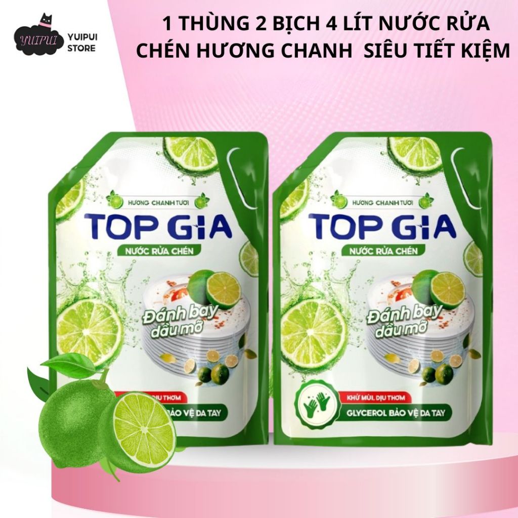 Nước Rửa Chén Top Gia Hương Chanh 1 Thùng 2 Bịch tổng 4 lít - Đánh Bay Dầu Mỡ, Khử Mùi Tanh, Bảo Vệ Da Tay