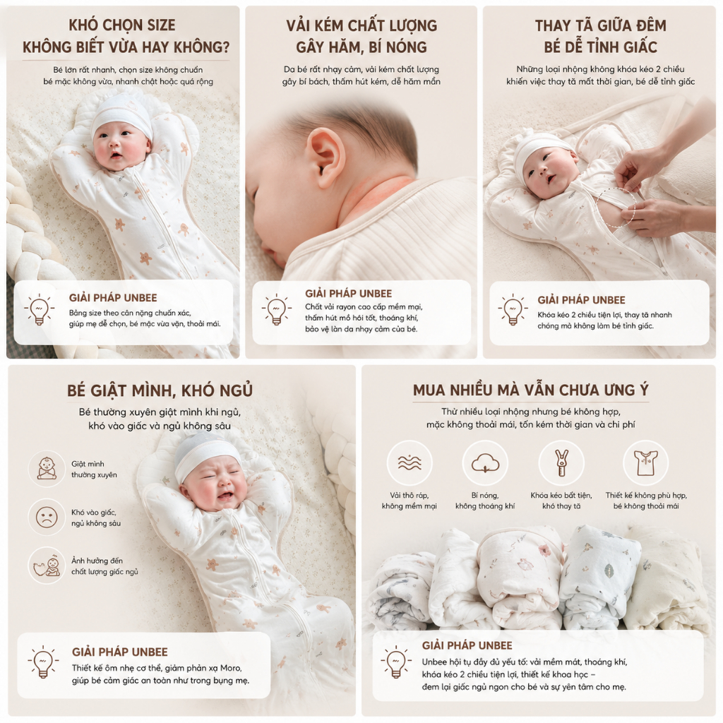 Nhộng Chũn Cho Bé Ngủ Ngon Unbee Mẫu Mới 2024 Hàng Thiết Kế Cao Cấp Chất Cotton, Bozip Hàn Mềm Mại Co Giãn Đàn Hồi