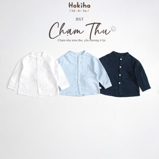 Áo Sơ Mi Cổ Tròn Dài Tay Phối Túi Cho Bé Trai Bé Gái Hokiha Vải Thô Đứng Form, Thoáng mát Size Từ 8-17kg A60