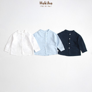Áo Sơ Mi Cổ Tròn Phối Túi Trước Ngực Dài Tay Cho Bé Hokiha Vải Linen Đứng Form, Thoáng mát Size Từ 8-17kg A60