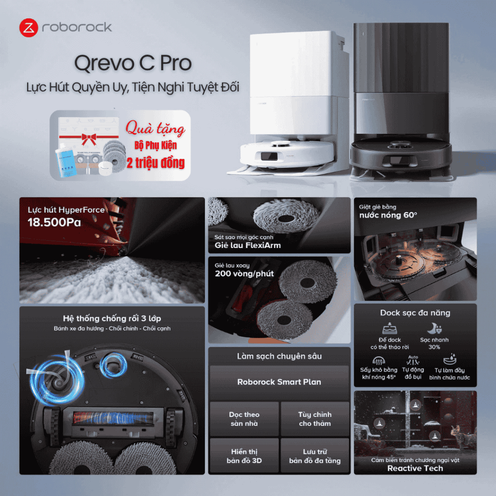 Roborock QRevo C Pro robot hút bụi lau nhà - Lực hút 18.500 Pa - Bản quốc tế - bảo hành 24 tháng