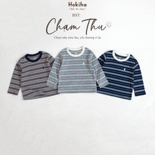 Áo Thun Dài Tay Kẻ Ngang Phối Cổ Thêu Gấu Đáng Yêu Cho Bé Hokiha Vải Cotton Mềm Mịn, Thoáng mát Size Từ 8-17kg A120