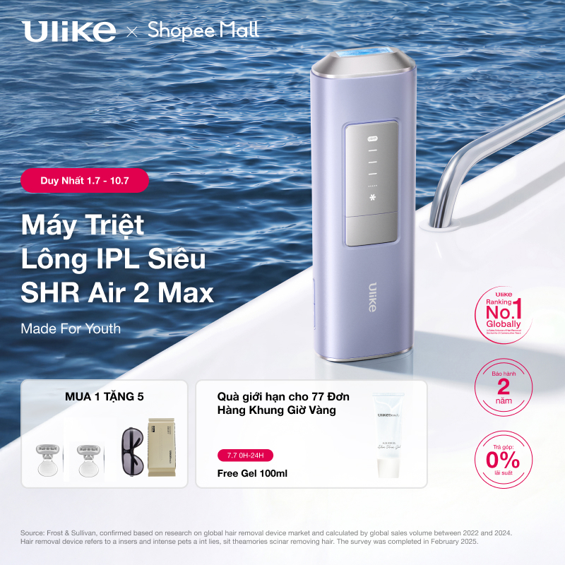 (Hannah)Máy Triệt Lông Ulike Air 2 Max Tím Aurora-Công Nghệ IPL triệt lạnh bằng đá Sapphire,siêu xung độc quyền USHR