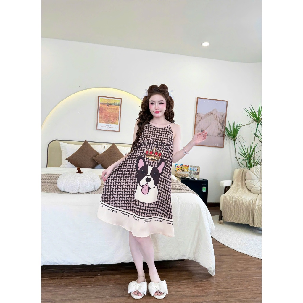 Đầm ngủ nữ hai dây Vy Linh chất liệu lụa latin họa tiết in 3D xinh xắn thoáng mát, mềm mại S1315