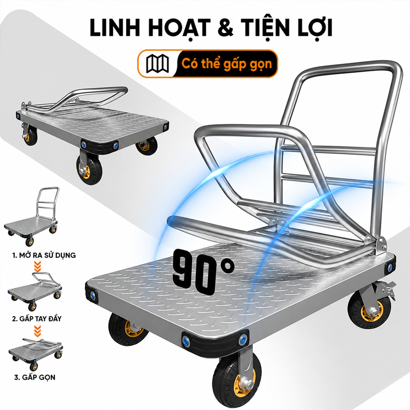 Xe Đẩy Hàng 4 Bánh Gấp Gọn Đa Năng - Tải Trọng Cao Bánh Cao Su Giảm Chấn Siêu Bền