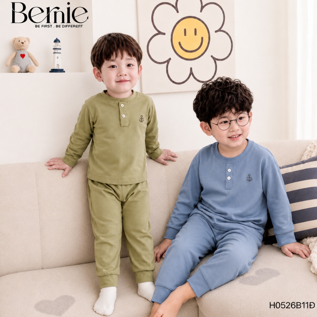 (Cotton mềm đẹp) Bộ thu đông bé trai thêu Mỏ neo Bernie - Bộ dài tay mặc nhà, bộ ngủ cho bé trai 9-24kg - H0526B11Đ