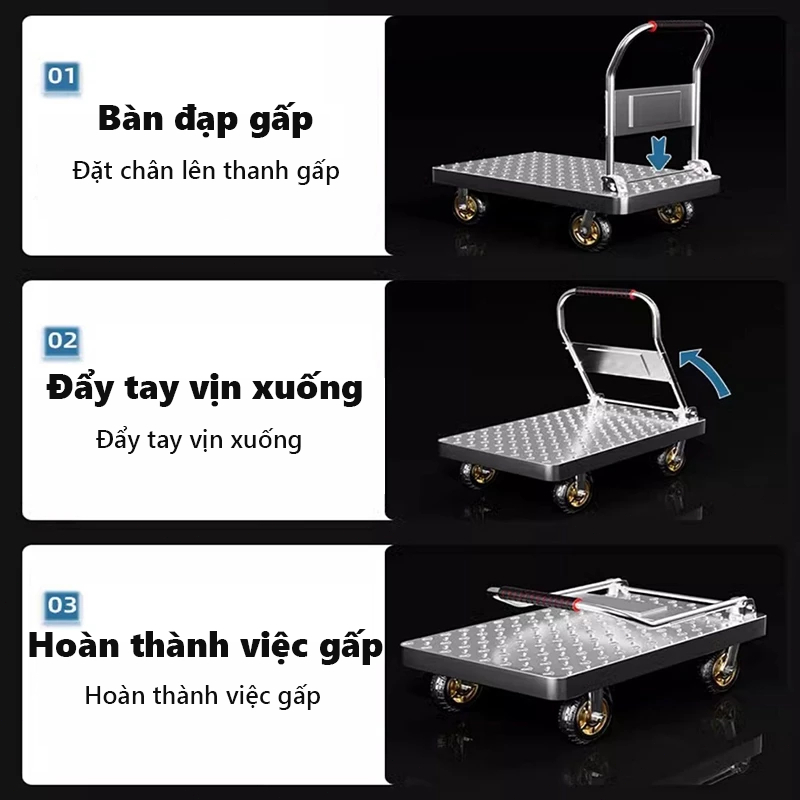 Xe Đẩy Hàng 4 Bánh Gấp Gọn Đa Năng - Tải Trọng Cao Bánh Cao Su Giảm Chấn Siêu Bền