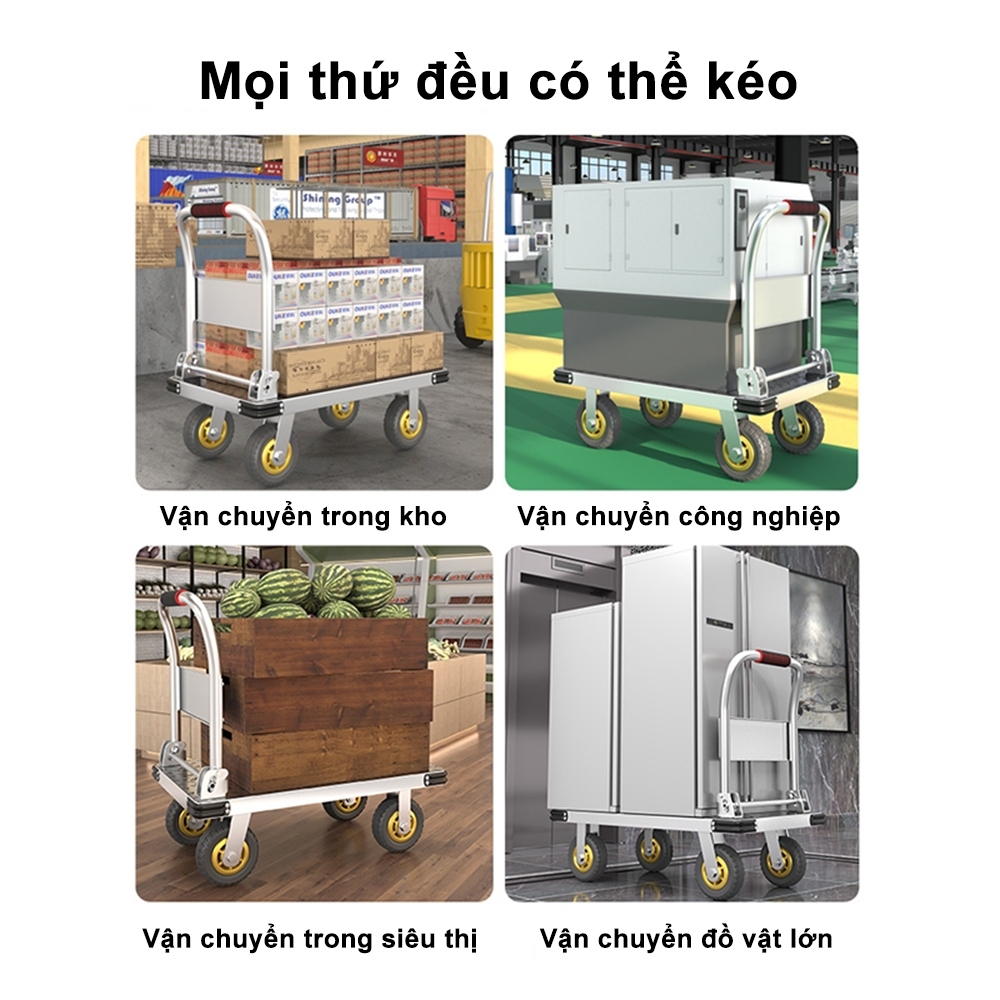 Xe Đẩy Hàng 4 Bánh Gấp Gọn Đa Năng - Tải Trọng Cao Bánh Cao Su Giảm Chấn Siêu Bền