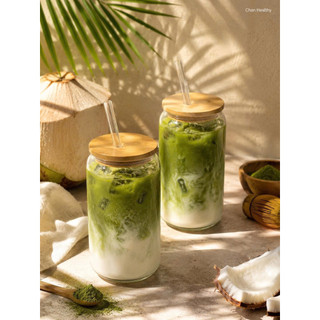 Ly Thủy Tinh 500ml Nắp Gỗ Kèm Ống Hút Thủy Tinh Và Cọ Rửa - Ly Healthy Uống Matcha,CàPhê,Detox,NướcÉp,SinhTố,TràTrái Cây