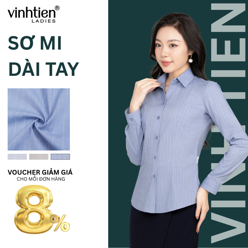 Áo Sơ Mi Nữ Dài Tay Vĩnh Tiến Ladies, Chất Liệu Modal, Họa Tiết Kẻ Sọc - GTB 585