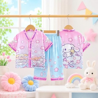 SK888 - Bộ Pijama Quần Dài Chất Lụa Họa Tiết Đáng Yêu Cho Bé Gái