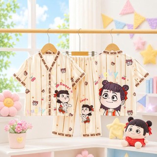 SK888 - Bộ Pijama Quần Dài Chất Lụa Họa Tiết Đáng Yêu Cho Bé Gái