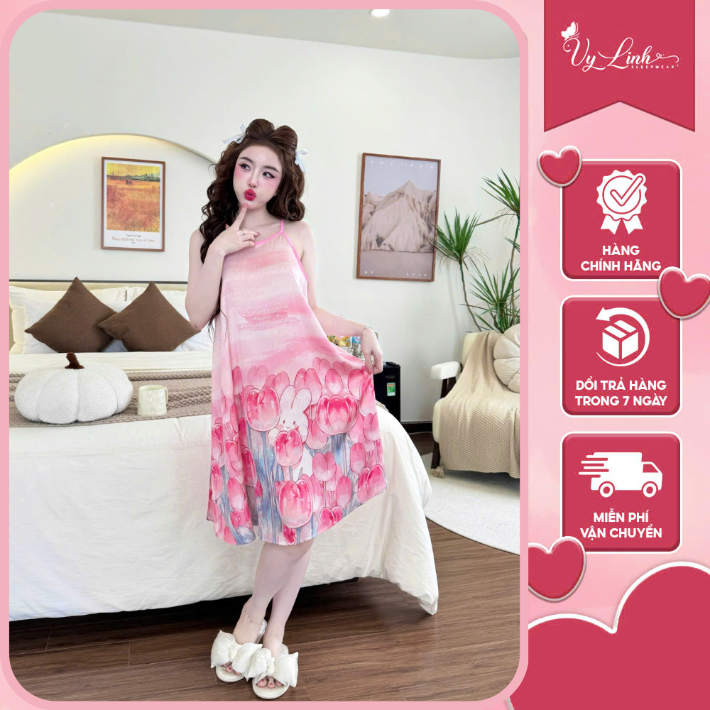 Đầm ngủ nữ hai dây Vy Linh chất liệu lụa latin họa tiết in 3D xinh xắn thoáng mát, mềm mại S1315