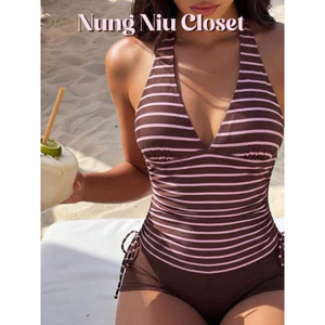 NUNG NIU - Bikini 2 Mảnh Dáng Áo Cổ Yếm Hoạ Tiết Sọc