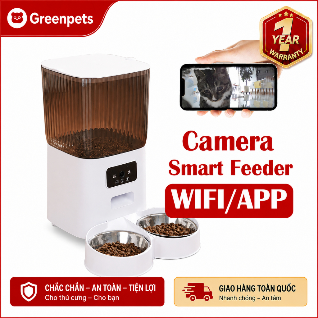 Hai bát 5L WiFi Máy cho mèo ăn tự động thông minh cho thú cưng chó mèo Hẹn giờ và định lượng Có camera