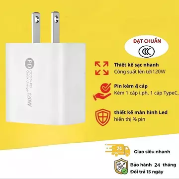 55Combo Sạc Nhanh 3 Món : Củ Sạc Nhanh 120w 4 Cổng,Cáp Sạc Nhanh 100w 3 Đầu, Cáp Sạc 4 Đầu (Cáp 4in1)