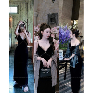 Đầm hai dây ren nhung dáng dài mặc lên siu tôn dáng