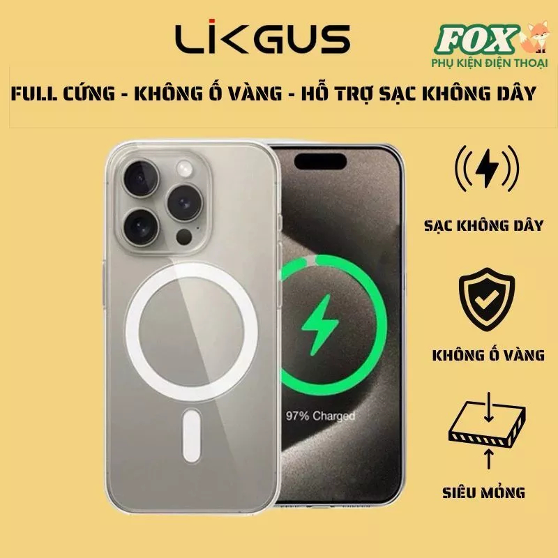 Ốp lưng Likgus trong siêu mỏng 0.3mm không ố vàng hỗ trợ sạc không dây cho IPhone 11 đến 17Promax