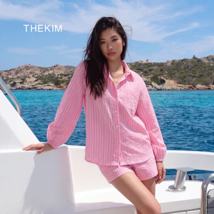 THEKIM Set áo sơ mi dài tay & quần short tặng kèm chun cột tóc scrunchies , bộ sơ mi kẻ tay dài xẻ lưng CS321