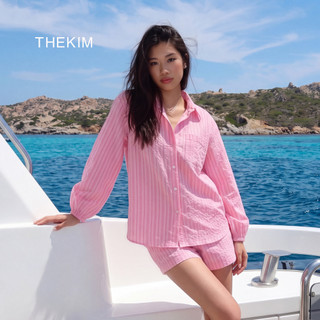 THEKIM Set áo sơ mi dài tay & quần short tặng kèm chun cột tóc scrunchies , bộ sơ mi kẻ tay dài xẻ lưng CS321