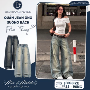 Quần Jean Suông Ống Cong Unisex Form Thụng Phối Họa Tiết Rách Màu Wash QC625 2KJeans_Bigsize