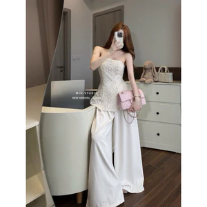 Set Áo cup ngực ren thêu hoa nổi dáng peplum xoè nhẹ kèm quần suông dài ống rộng style tiểu thư thanh lịch quý phái