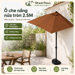 Ô Dù Nửa Tường 2.5M Che Nắng Mưa Nhẹ, Gọn Cho Ban Công Sân Vườn, Màu Cà Phê/Kaki