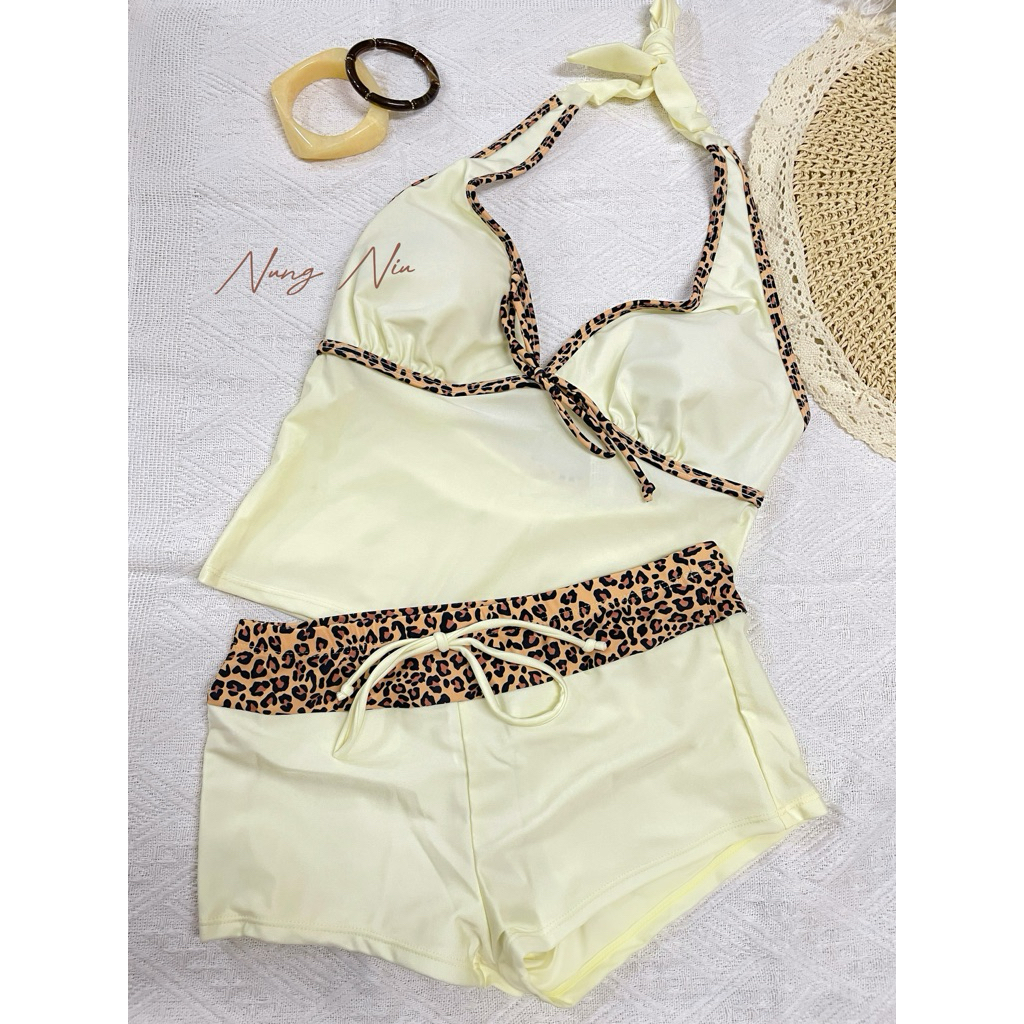 NUNG NIU - Set Bikini Tách Lẻ Vàng Gà Con Viền Hoạ Tiết Báo (Có Mút)