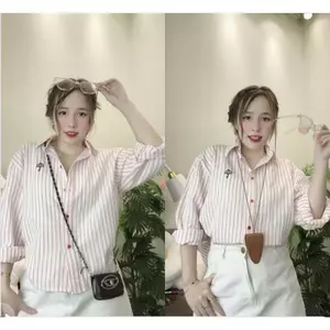 Áo Sơ Mi Nữ Kẻ Sọc Thêu Ô Chất Cotton Đũi Mềm Freesize Form Vừa, Sơ Mi Đi Học Đi Làm |TIQI CLOTHING
