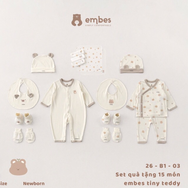 Combo Sơ Sinh Embes, Set 15 Món Đi Sinh Chất Mềm Mại Làm Quà Tặng Cho Bé Trai Bé Gái Từ 0-3 Tháng