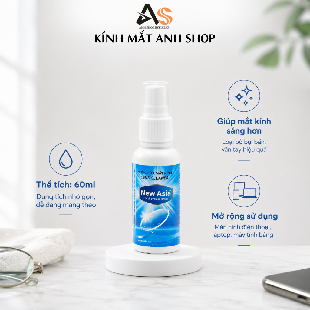 Nước lau kính dạng xịt chuyên dụng dành cho mắt kính, màn hình điện thoại 60ml giúp mắt kính sạch trong hơn