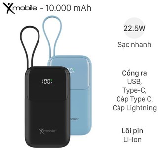 Pin sạc dự phòng 10000mAh Type C PD QC 3.0 22.5W Xmobile JP325 kèm Cáp Lightning và Cáp Type C