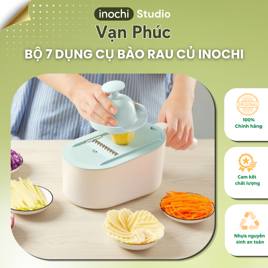 Bộ 7 dụng cụ bào rau củ INOCHI. Chất liệu nhựa PP chịu nhiệt, không mùi. Dao cầm tay tiện dụng