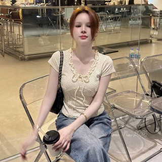 LT - Áo thun nữ chấm bi cổ bèo buộc dây nơ, cộc tay free size 1798