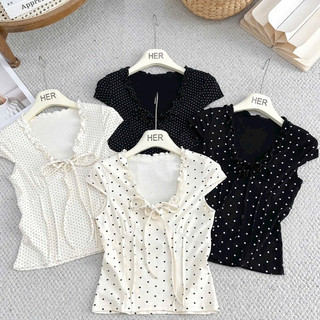 LT - Áo thun nữ chấm bi cổ bèo buộc dây nơ, cộc tay free size 1798