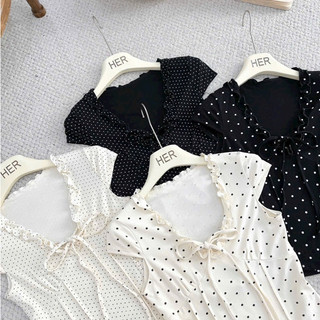 LT - Áo thun nữ chấm bi cổ bèo buộc dây nơ, cộc tay free size 1798
