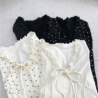 LT - Áo thun nữ chấm bi cổ bèo buộc dây nơ, cộc tay free size 1798