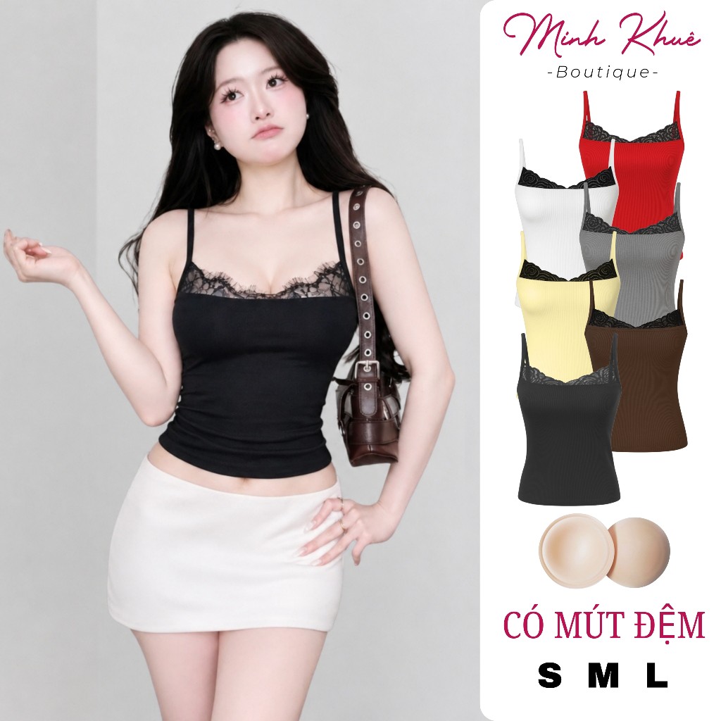 [Mở Bán] Áo Thun Nữ Croptop Hai Dây Ren Lớn Có Mút Thun Gân CR16 2d Co Giãn Ôm Body Tôn Dáng Minh Khuê Boutique