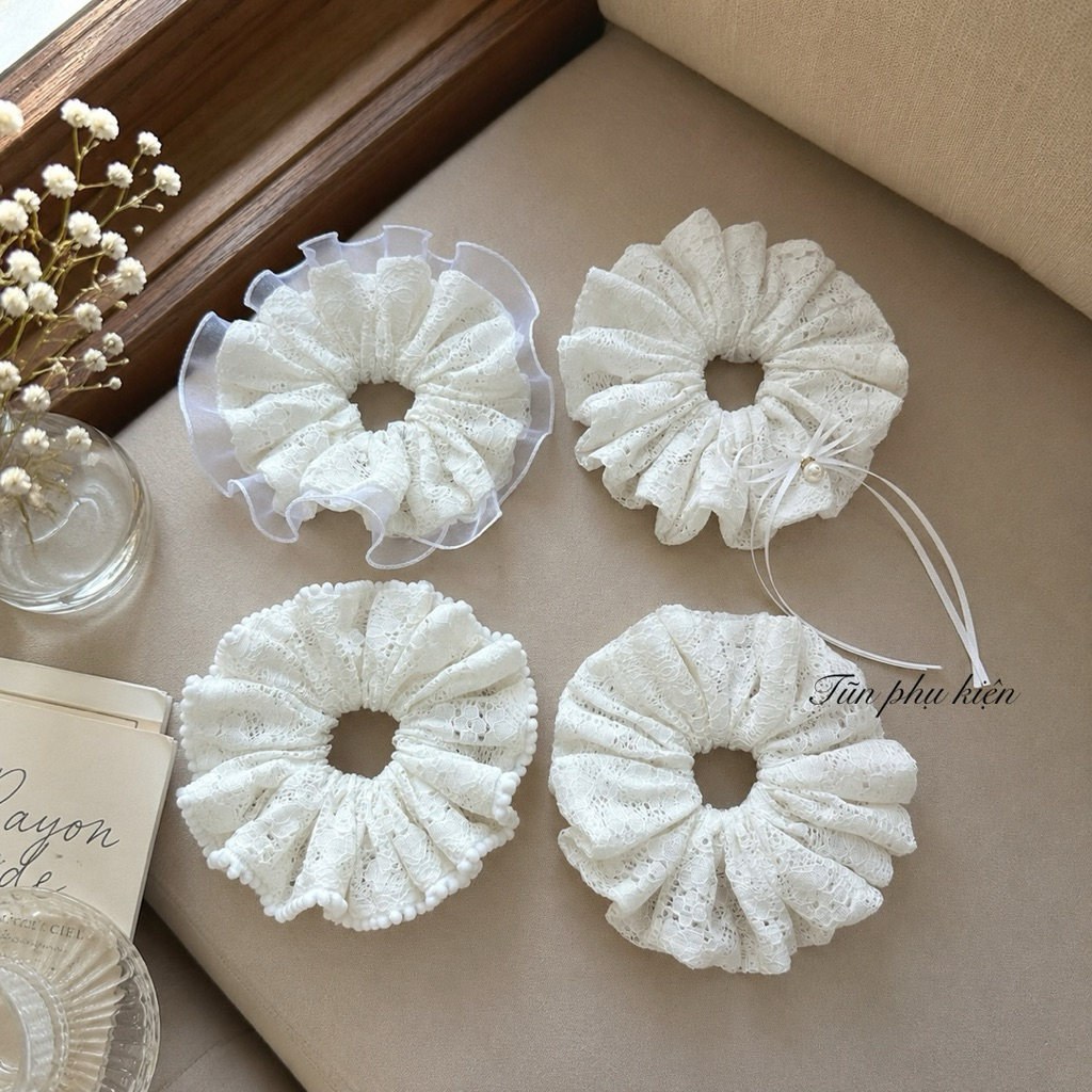 Cột scrunchies size 18cm - Mẫu ren thêu cao cấp - mẫu nhún phồng  bồng bềnh xinh xắn