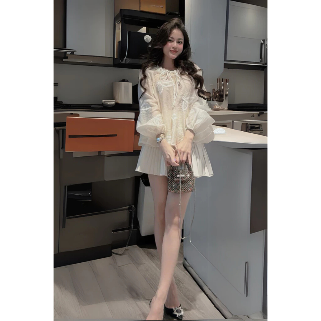 Set đồ nữ, đồ bộ nữ DONNA HCOM25352 áo voan hoa dáng babydoll mix chân váy xoè xếp ly tiểu thư
