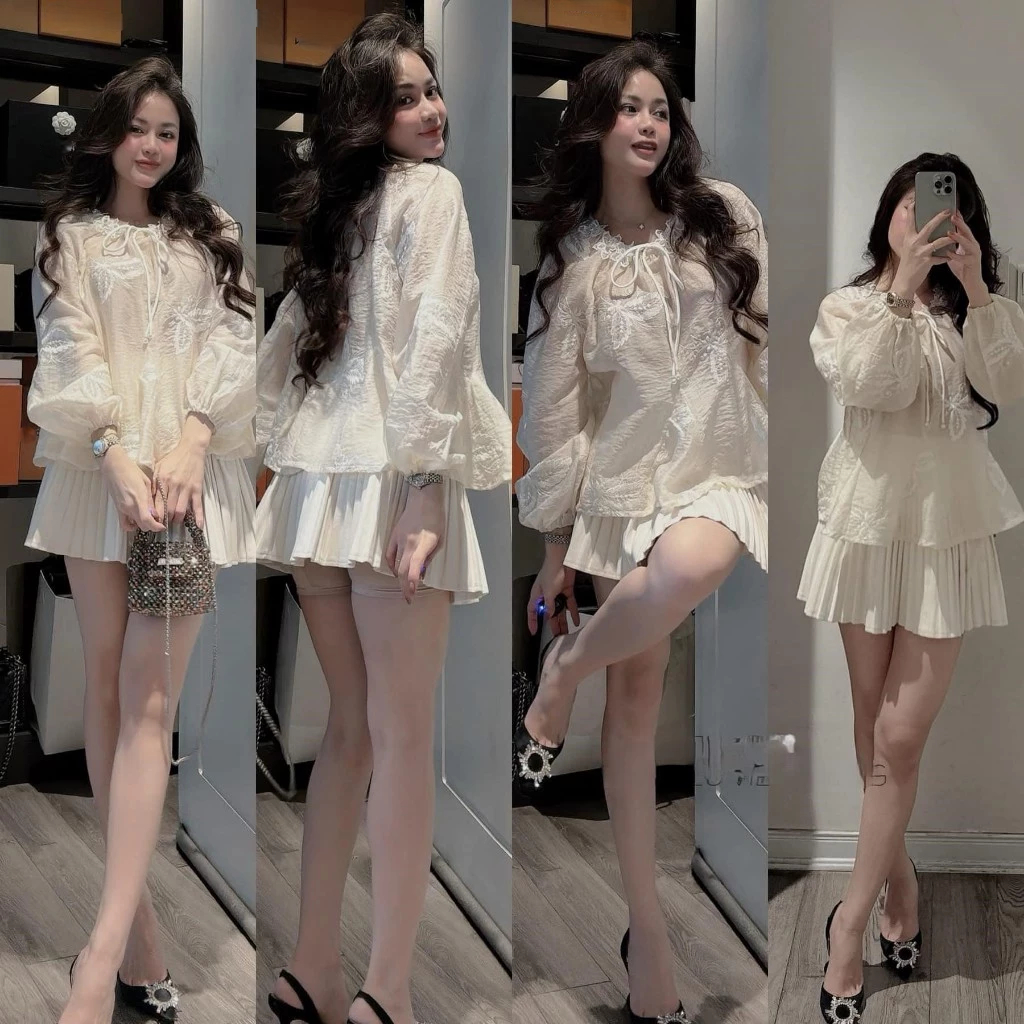 Set đồ nữ, đồ bộ nữ DONNA HCOM25352 áo voan hoa dáng babydoll mix chân váy xoè xếp ly tiểu thư