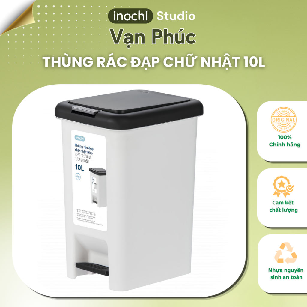 Thùng rác đạp chữ nhật 10L (có kèm ruột) inochi cao cấp, có phủ lớp ion Ag+ kháng khuẩn