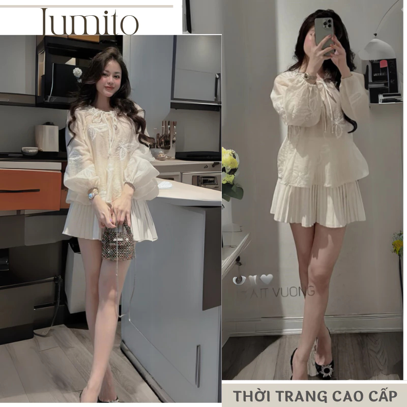 Bộ đồ nữ mùa hè áo voan tay bồng chân váy xếp ly trắng tiểu thư, set áo ren điệu đà đi biển xinh xắn HCOM25352