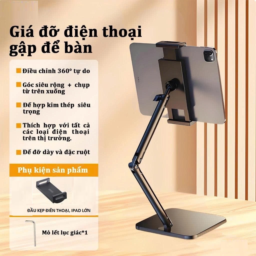 Giá đỡ máy tính bảng, ipad để bàn hợp kim nhôm xoay 360 độ 4 chiều cơ học đa năng, Đế đúc chắc chắn chống rung gấp gọn