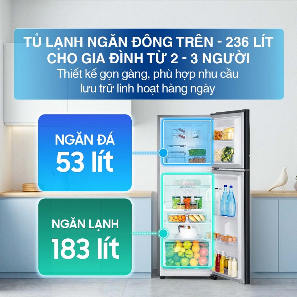 Tủ Lạnh Samsung Ngăn Đông Trên 236L RT22M4032BY/SV - Ngăn Đông Mềm Optimal Fresh Zone, màu Nâu