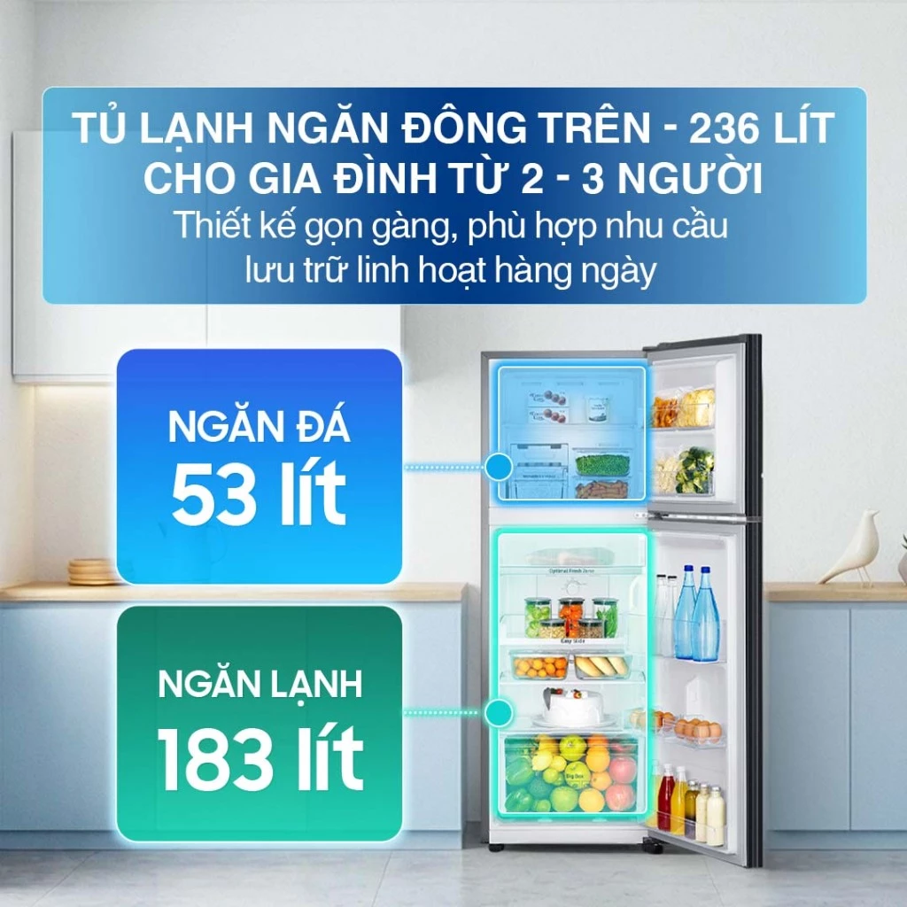 Tủ Lạnh Samsung Ngăn Đông Trên 236L RT22M4032BY/SV - Ngăn Đông Mềm Optimal Fresh Zone, màu Nâu