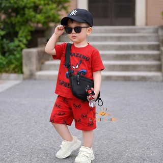 Set Bộ Bé Trai Spider Man Áo Thun Tay Ngắn In Hình Người Nhện, Quần Short Cotton Mềm Mát Mùa Hè Cho Bé 7-30kg