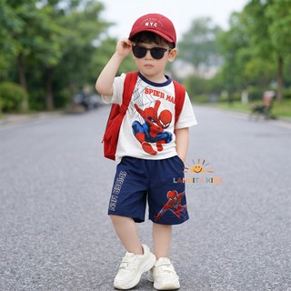Set Bộ Bé Trai Spider Man Áo Thun Tay Ngắn In Hình Người Nhện, Quần Short Cotton Mềm Mát Mùa Hè Cho Bé 7-30kg